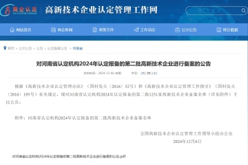 【公告】对河南省认定机构2024年认定报备的第二批高新技术企业进行备案的公告