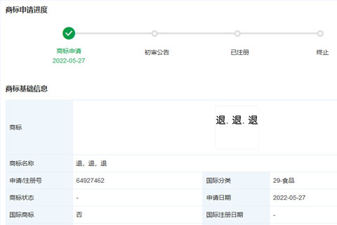 网红“退，退，退”商标被抢注？（29类食品）